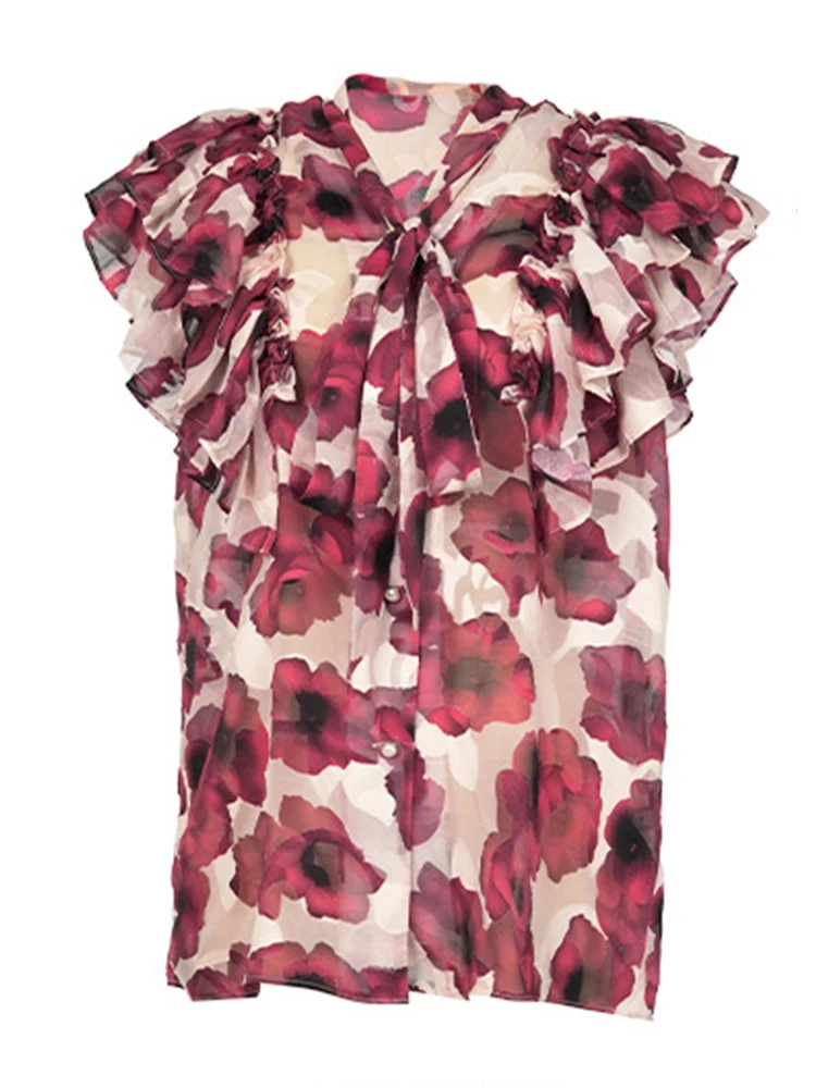 

Женская одежда, шифоновая рубашка с цветочным принтом и рюшами, элегантная женская рубашка с коротким рукавом, свободные топы в стиле бохо, повседневная блузка, модная летняя новинка