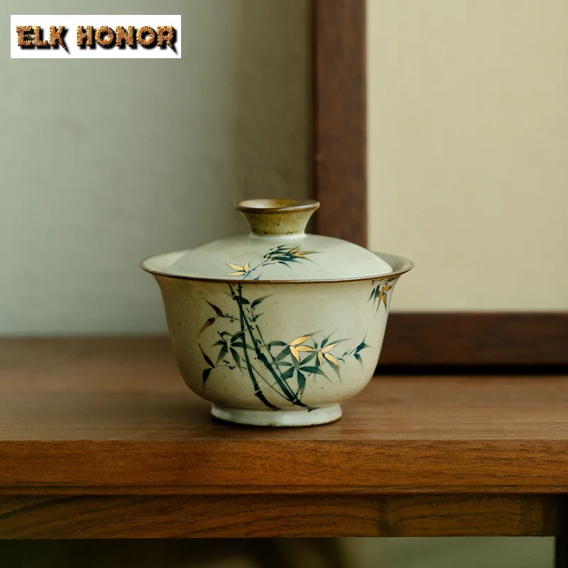 135ML Handmade Antique Gold Drawing Gaiwan Pure Hand-painted Green Bamboo Tea Tureen Tea Brewing Cover Bowl Chinese Tea Set Gift