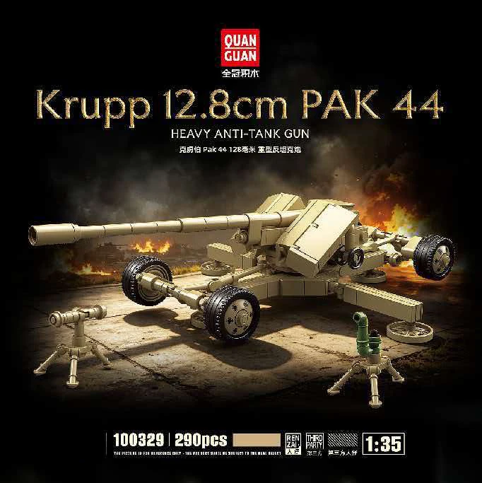 290-teiliges MOC Historisches Pak44 128mm Panzerabwehrkanonen-Bauset, Schweres Artilleriemodell für Desktop-Armeeausstellung, Sammlerstück