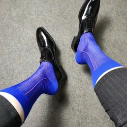 Vintage Jacquard Nylon Socks for Men Stripe Classic Royal Blue Business Formal Dress TNT Socks Man Sexy Thin Soft Mid Tube Socks