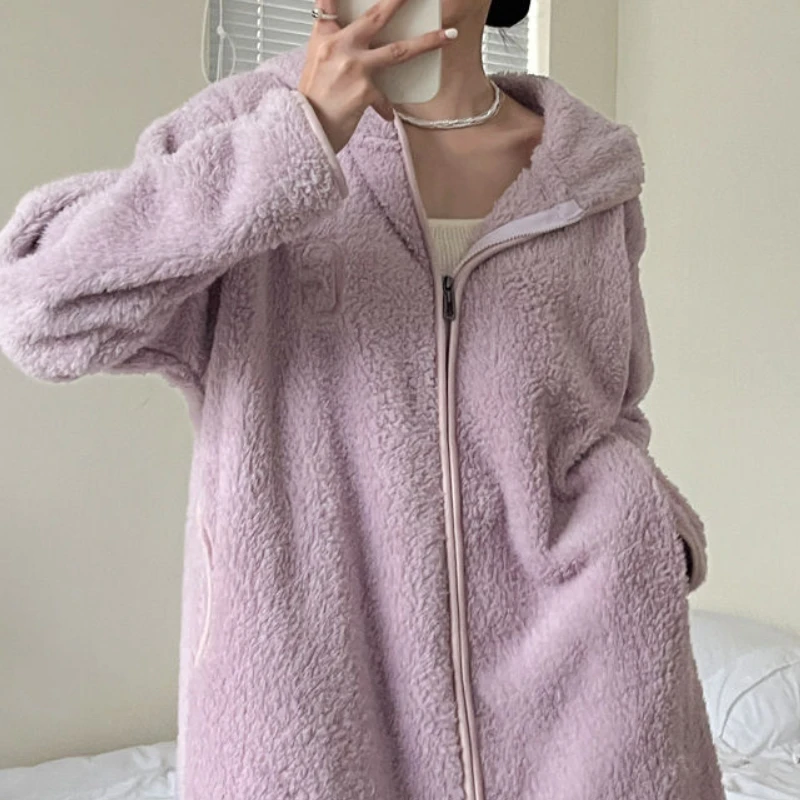 Autumn Winter Warm Coral Flannel Pajamas Robe Hooded Long Nightgown Bathrobe Solid Color Home Sleepwear Soft Loungwear for Women