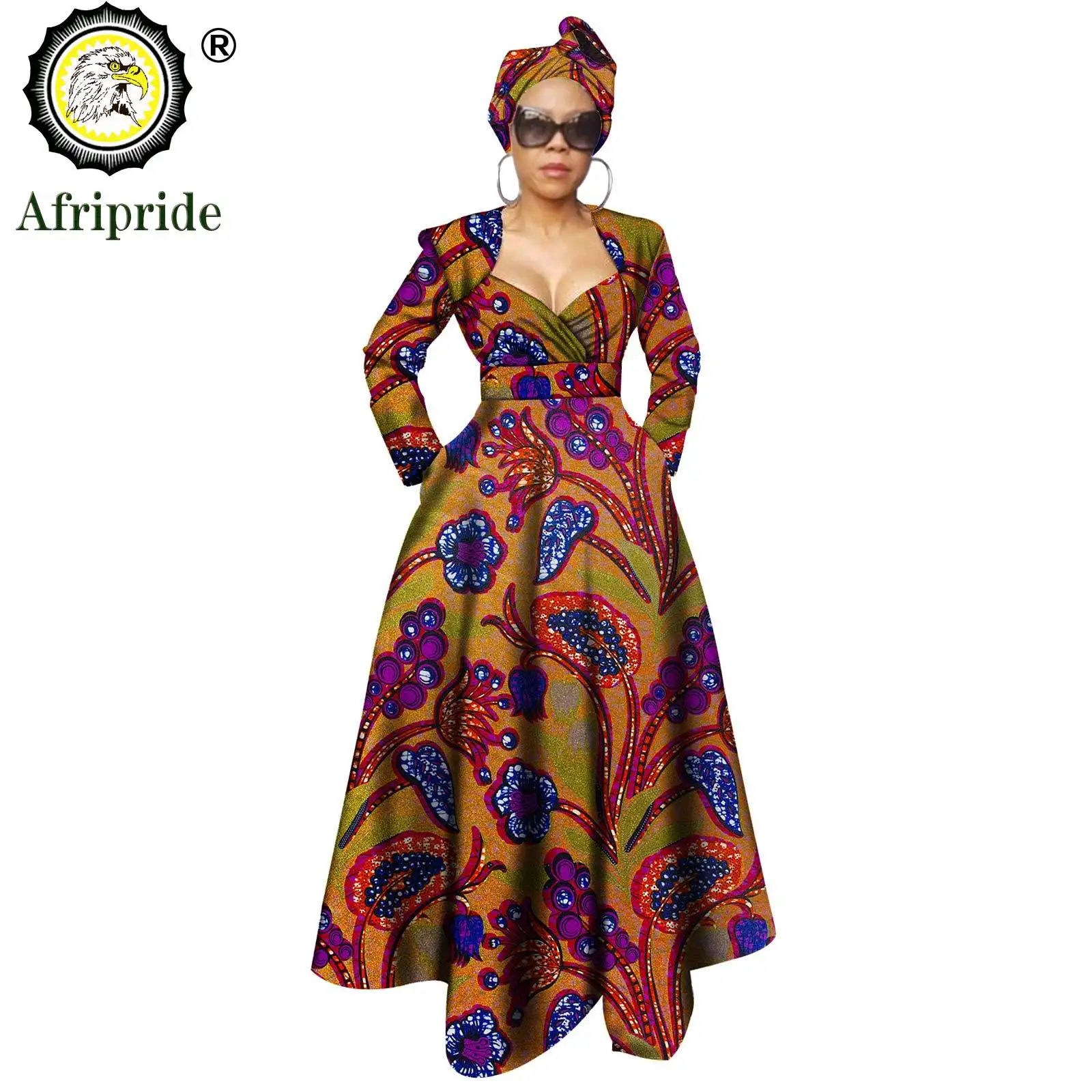 African Dresses for Women Ankara Print Dress + Headwarp V Neck Long Maxi Party Dress Dashiki Outfits Wax AFRIPRIDE S1925106