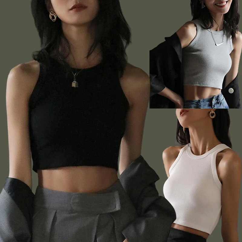 Modisches Sexy Outfit: Damen Casual Alltagstanktop, Bequemes O-Ausschnitt Streetwear Sport Crop Top mit Schönheitsrücken