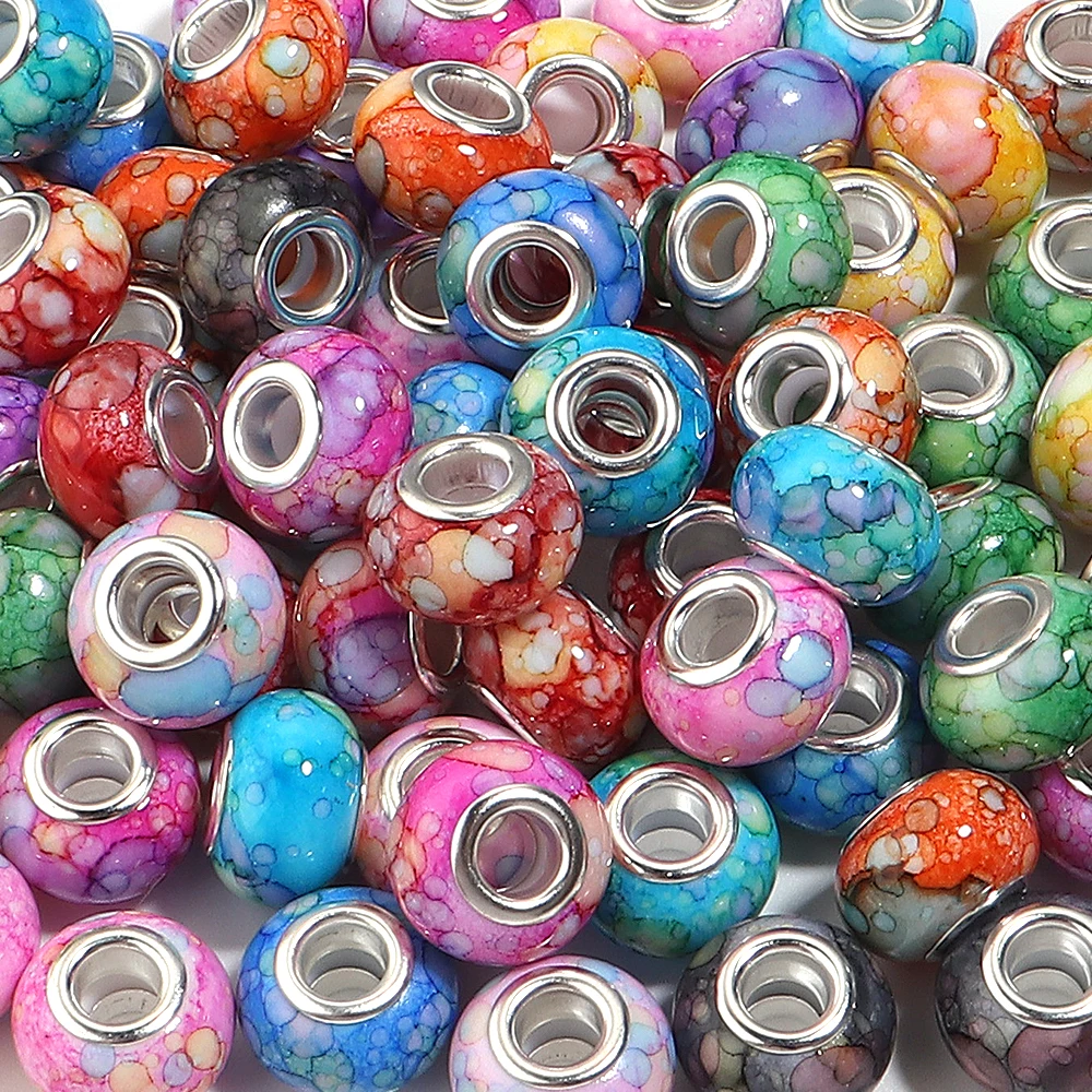20 Stück 14 x 9 mm bunte Tintenmalerei-Acrylperlen mit großem Loch, runde lose Perlen für die Schmuckherstellung, DIY-Halskette, Armband, Zubehör