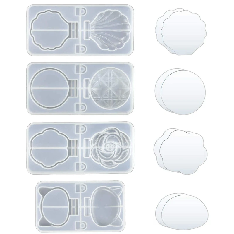 TKOH-Silicone Resin Mirror Mold-4 Pieces Of Folding Compact Mirror Cover Mold With 8 Mirrors, Makeup Mirror Shell For DIY