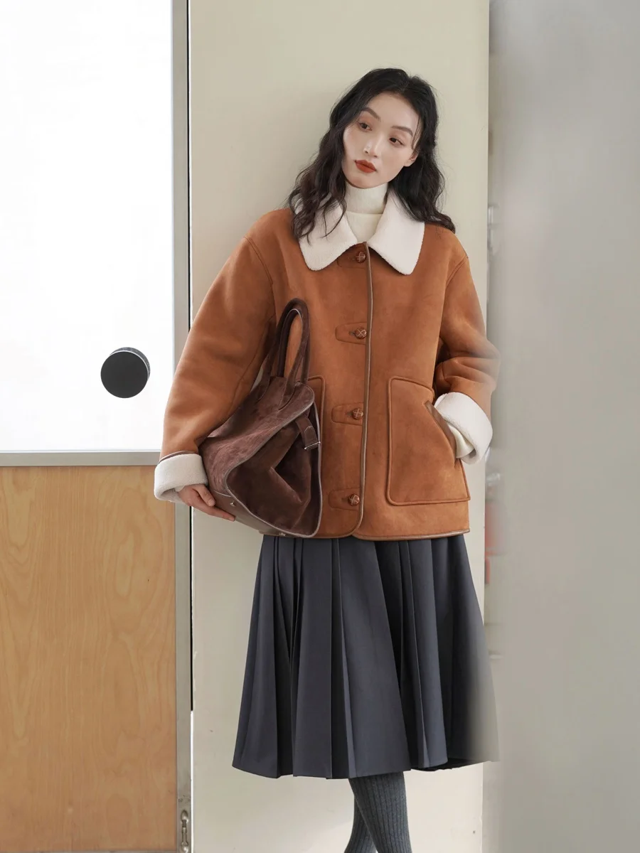 

Экологичная шуба из меха с воротником из овчины, винтажная, женская, с длинными рукавами, средней длины, без капюшона