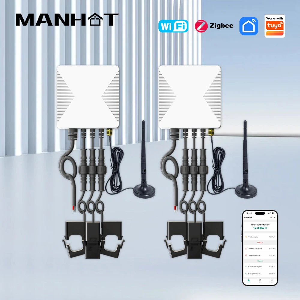 MANHOT Zigbee/Wifi 80A 120A Three Phase Energy Meter Power 3 CT Clamps Smart Bidirectional Monitor Current Active Power Voltage