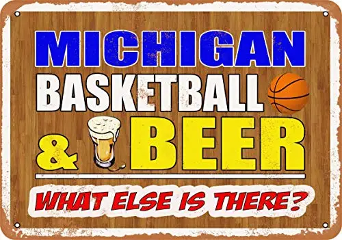 Metal Sign - Michigan Basketball and Beer - Vintage Look Wall Decor for Cafe Bar Pub Home Beer Decoration Crafts