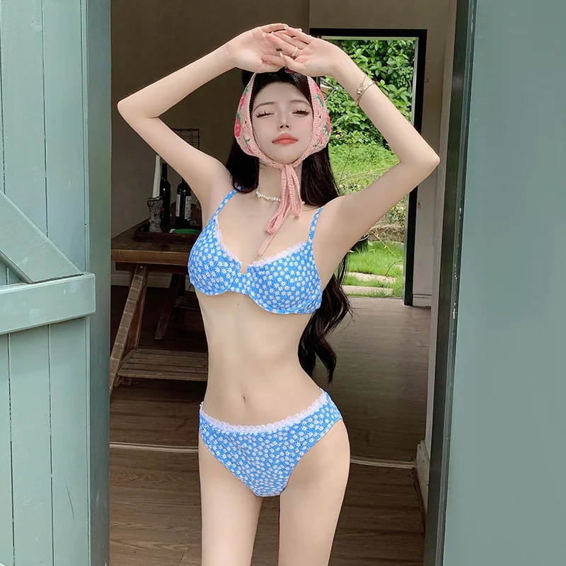 Female Swimsuit Sexy Split Body Bikini Three Point Floral Cute Sweet and Spicy Girl Hot Spring Bath Swimsuit Female