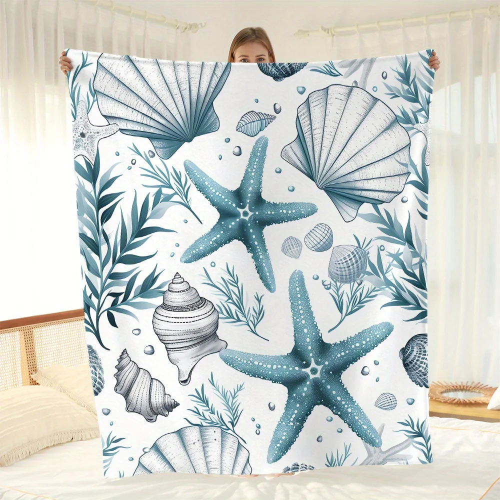 Contemporary Starfish & Sea Shell Pattern Flannel Fleece Blanket - All Seasons, Machine Washable, Reversible, Digital Print
