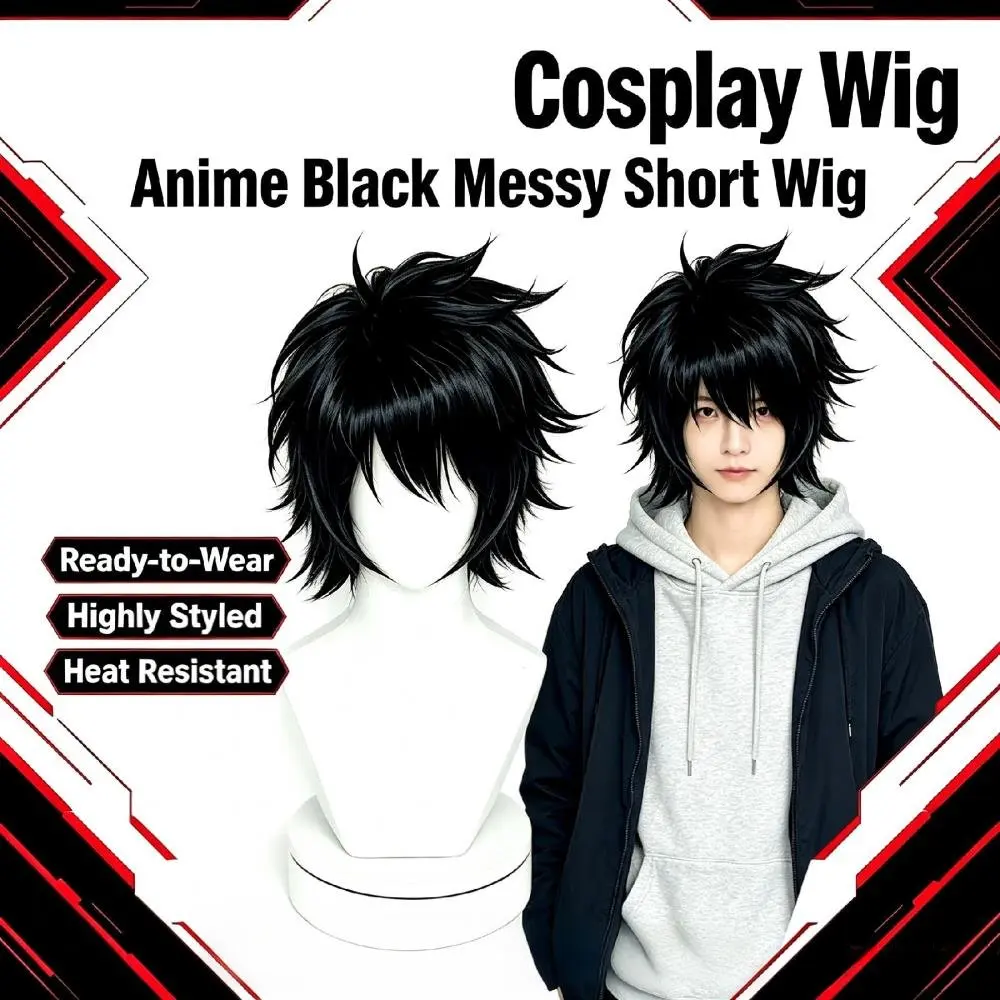 2026 Black Short Spiky Layered Wig Synthetic Hair Messy Bangs Anime Character Cosplay Halloween Costume Party Full Wigs Men Teen