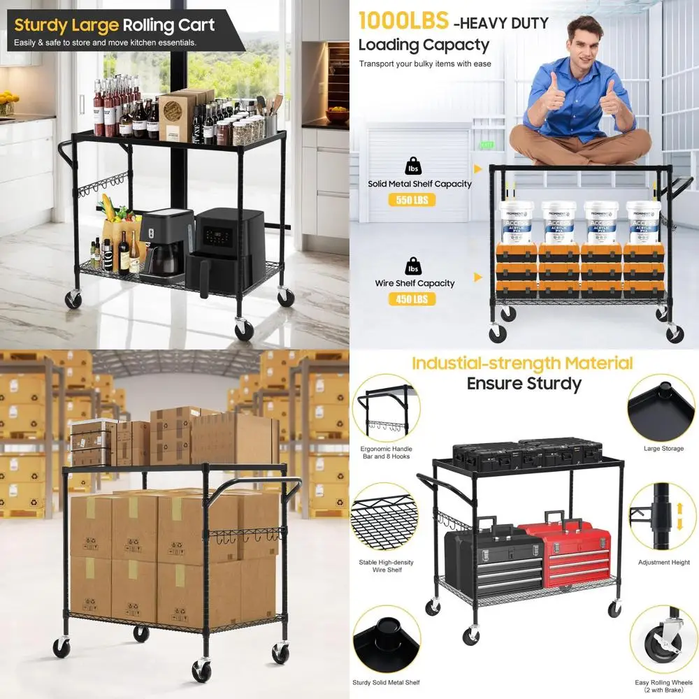 헤비듀티 2단 메탈 카트, 1000파운드 용량, 상업용 이동식 보관함, 24 x 45 x 39, 블랙