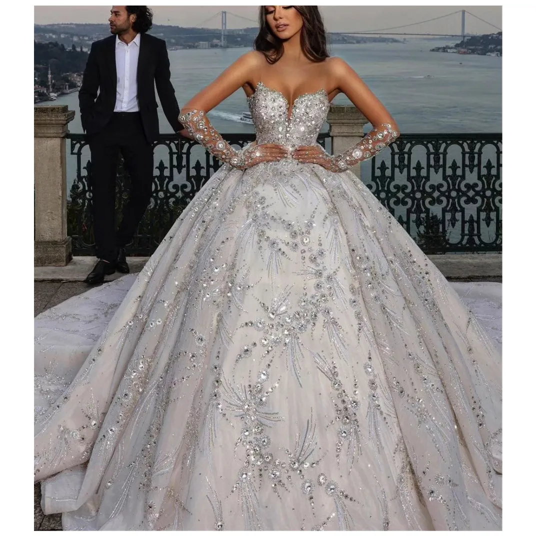 

Luxury Ball Gown Wedding Dresses Long Sleeves V Neck Butons Sequins Ruffles Applique 3D Lace Beads Bridal Gowns Vestina De Novia