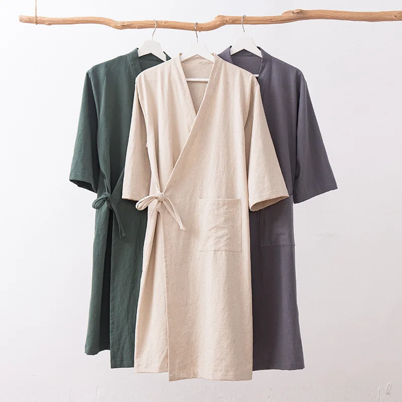 Women's Kimono with Sashes Cotton Linen Solid Long Sleeve Autumn Bathrobe V Neck Japanese Style Bathrobe Loose Solid Color