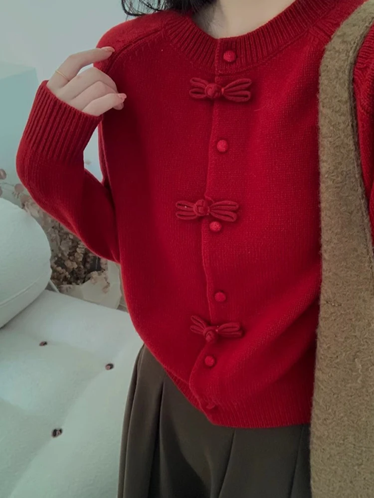 Ano Novo Vermelho Camere Tricotado Longo Sve redondo Ne Suéter Chinês Sle National Faion Botão Design Sensation Lã La...