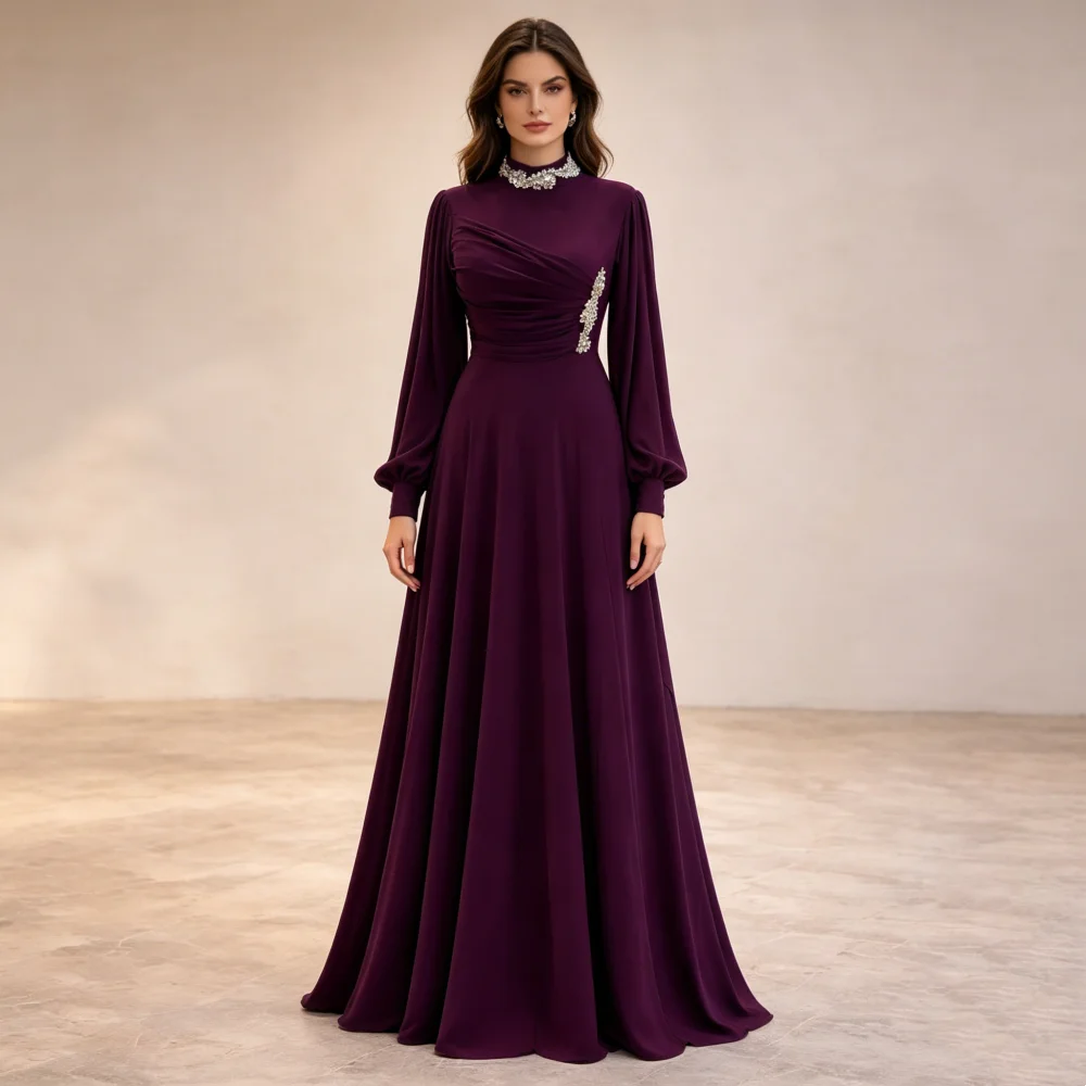 

Customized Elegant Glitter Evening Gown Rhinestone Classic High Collar A-line Long Dresses Formal Party Dress for Wedding Guest