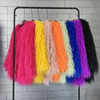 Image Mongolia Sheep Fur Women Medium Long Coat Jacket Colorful Warm Faux Fur Plush Coats Female Jacket Autumn Winter Furry Outerwear