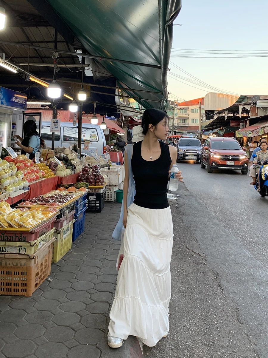 Gonna a trapezio a vita alta Ele Torta bianca Sle Pendolarismo Gonna da donna semplice in puro colore Gonna da forno a vita alta