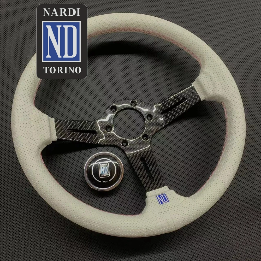 Luxurious Universal 14Inch Racing Nardi Steering Wheel Car Carbon JDM White Leather Steering Wheel Volantes For VW HONDA TOYOTA