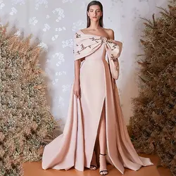 Elegant Light Pink Evening Dresses A Line Off the Shoulder Big Bow Satin Party Prom Gowns Pleats Beaded Special Occasion Wear