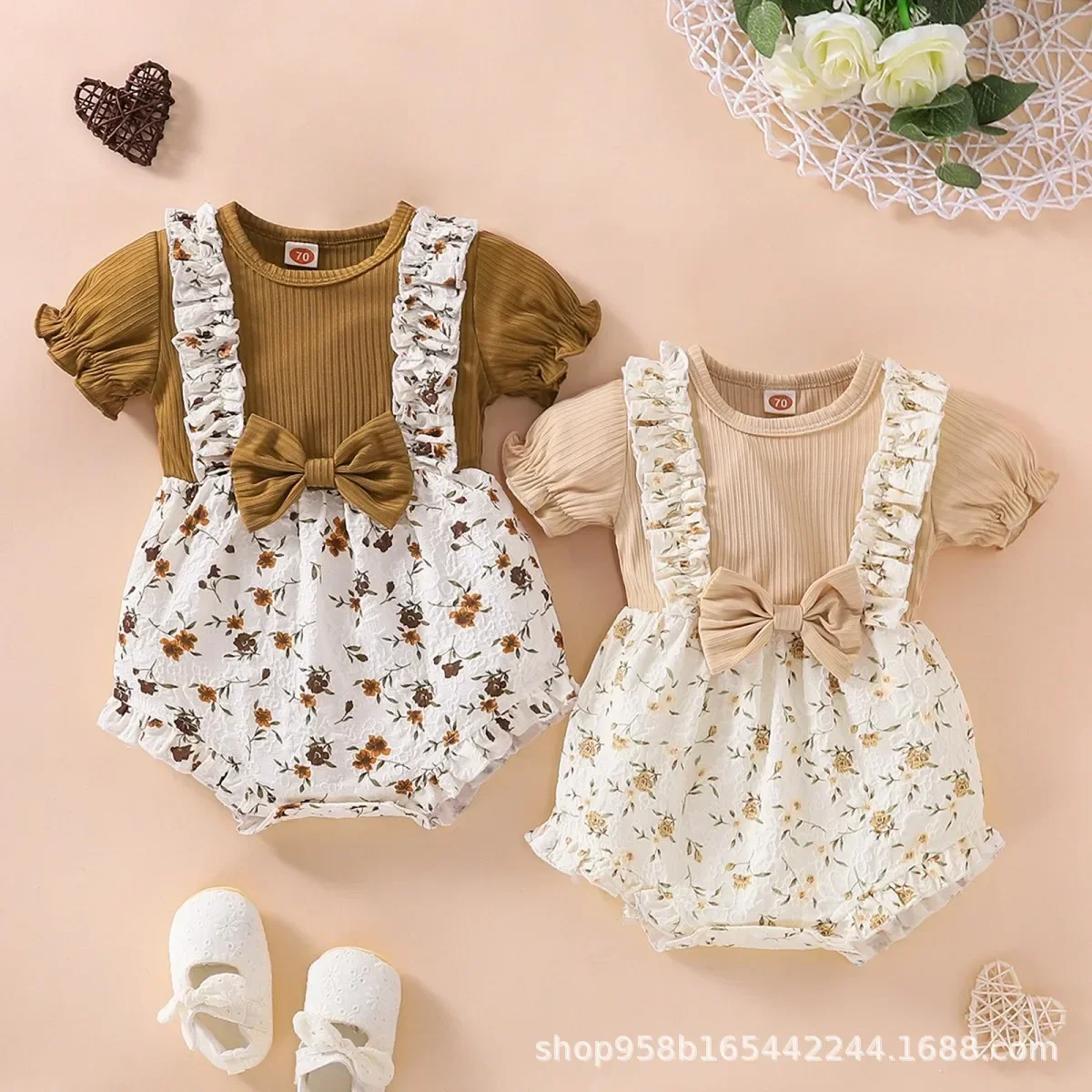 Summer Ins Wind Fart Coat Baby Short-sleeved Class A Onesie Floral Fake Two-piece Triangle Climbing Suit Moldai Jersey