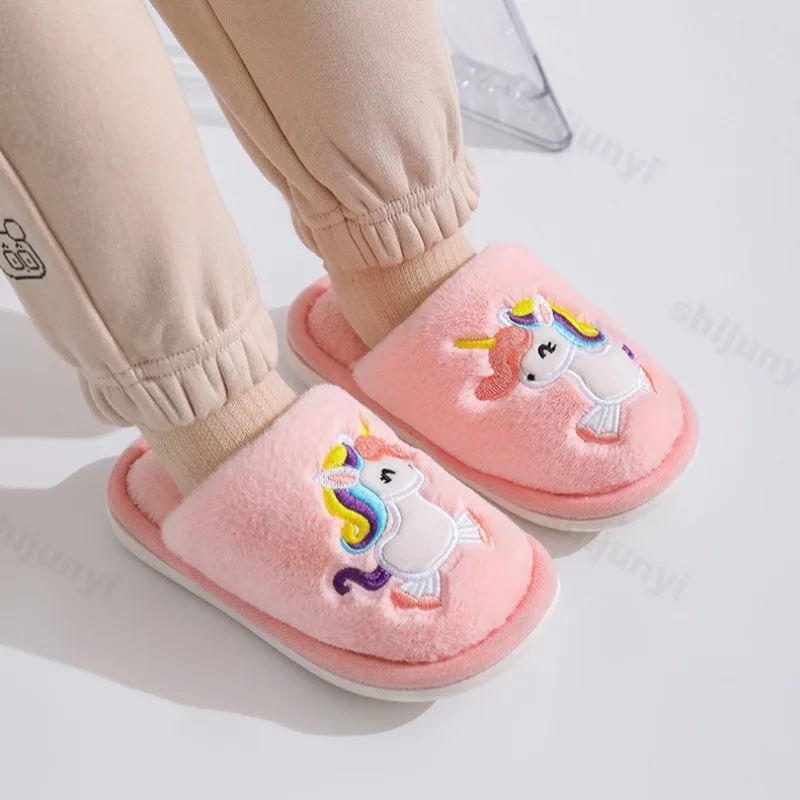 Winter Children Plush Slippers Girls Boys Floor Slippers Unicorn Warm Plush Indoor Home Shoes Anti-slippery Kids Cotton Slippers