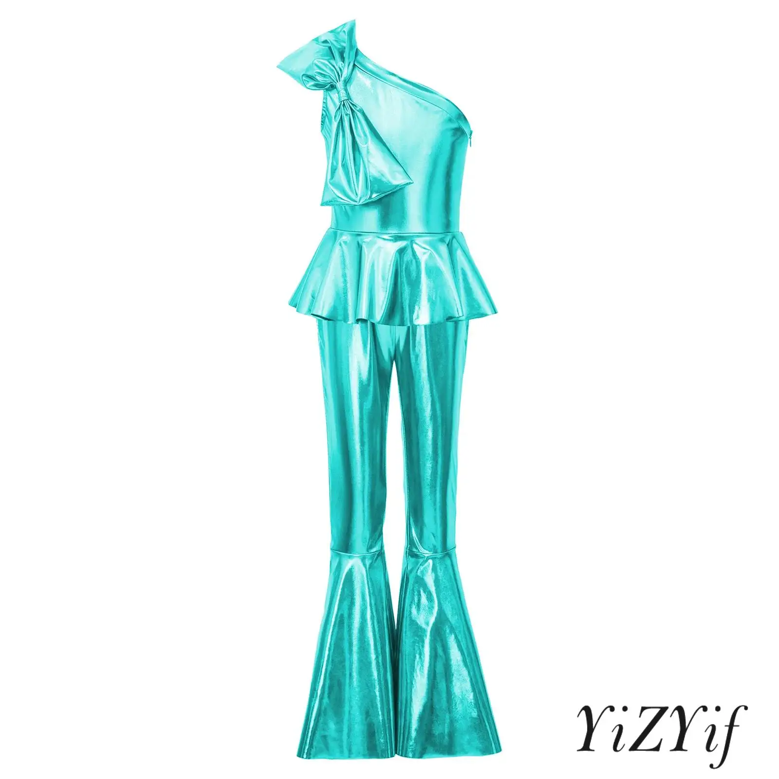 

Kids Girls Metallic Flared Pants Jumpsuit One Shoulder Bowtie Decor Ruffle Disco Hippie Dance Outfits Stage Performance Costume