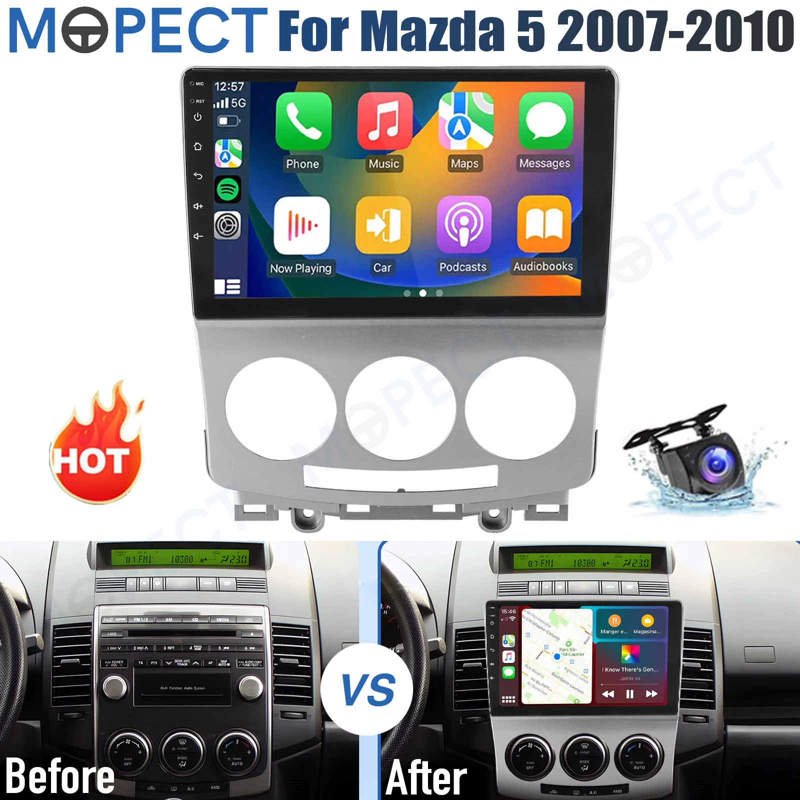 MOPECT 9" Android 15 CarPlay autoradio voor Mazda 5 2007-2010, 4+64GB AM/FM GPS navigatie, SWC, Bluetooth+DAB+DVR&Camera