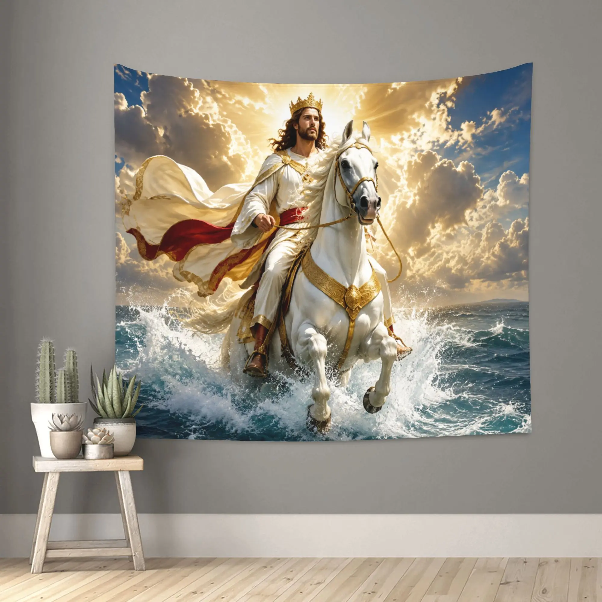 Tapisserie Épique Jésus-Christ Chevauchant un Cheval Blanc, Décoration Murale Spirituelle Biblique, Art Religieux Chrétien, Tissu Polyester à Suspendre