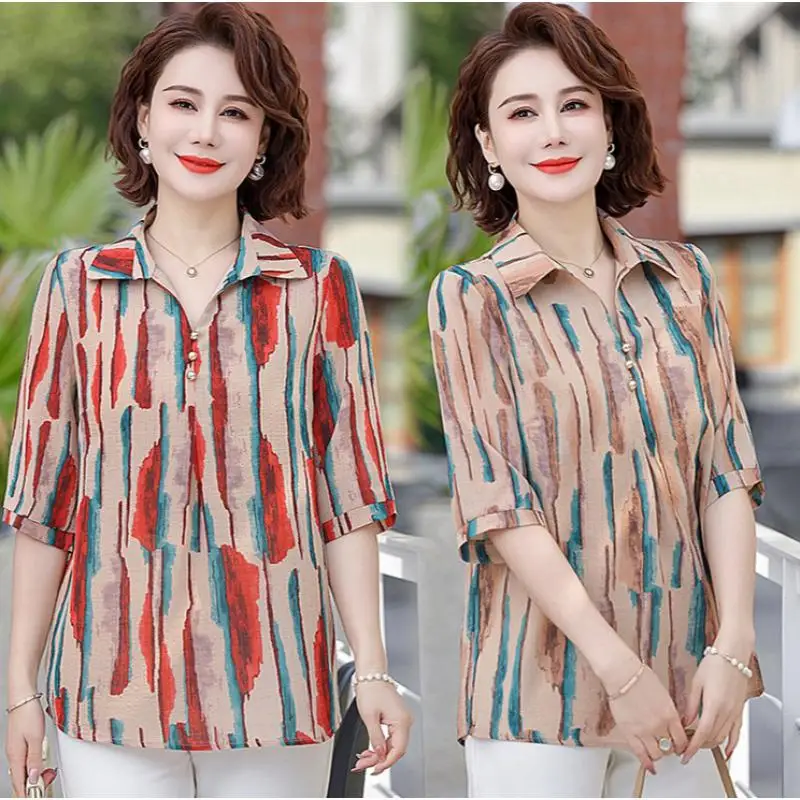 Summer Women\'s Pullover Printings Square Collar Half Sleeve Floral Button Chiffon Shirt Loose Elegant Fashion Vacation Tops