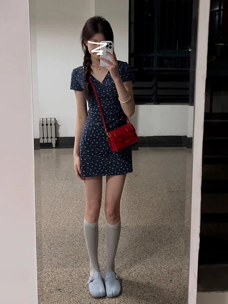 Retro V-Ne Bloemen ort Dr Dames Zomer Nieuwe Sle Hoge Taille Bodycon Dr Zachte Comfortabele Koreaanse Sle A-lijn S...