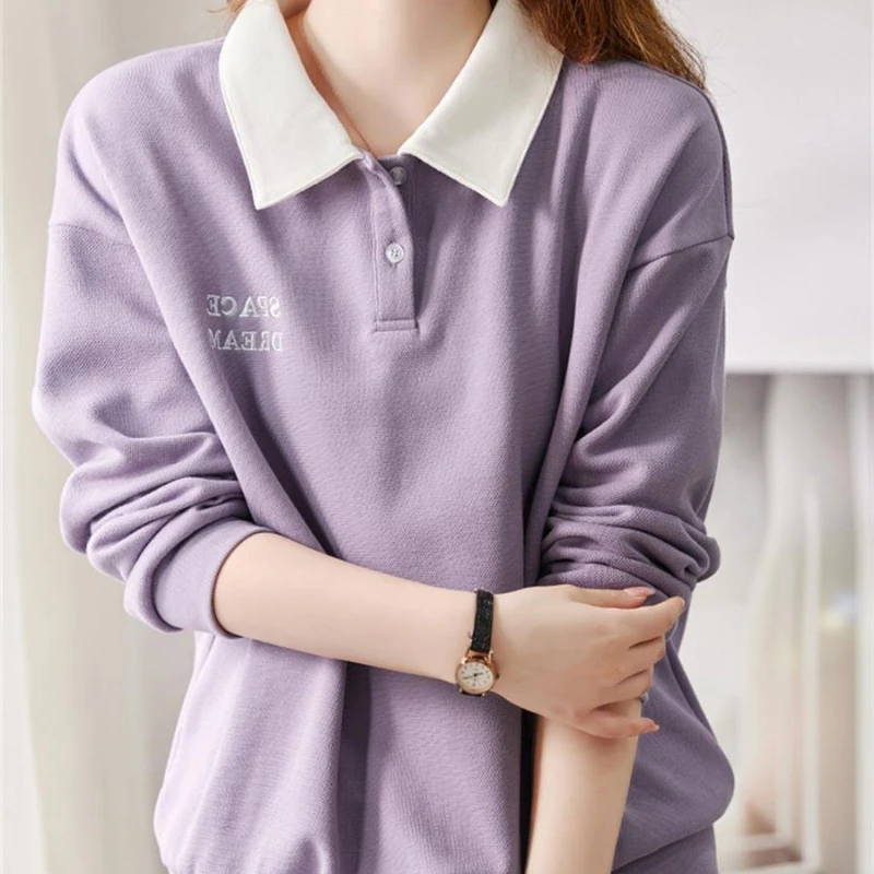 

New Temperament High-end Sense Color Blocked POLO Collar Pullover Long Sleeved Sweatshirt Loose Fit Slimming Bottom Shirt For