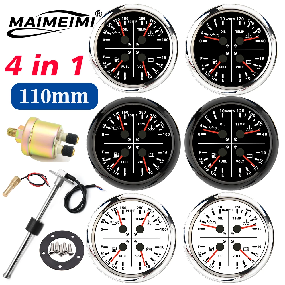 110mm 4 in 1 Multifunction Oil Pressure Gauge Water Temp Fuel Level Voltmeter Red LED  0-190ohm Fuel Sensor For Car Boat 8~16V