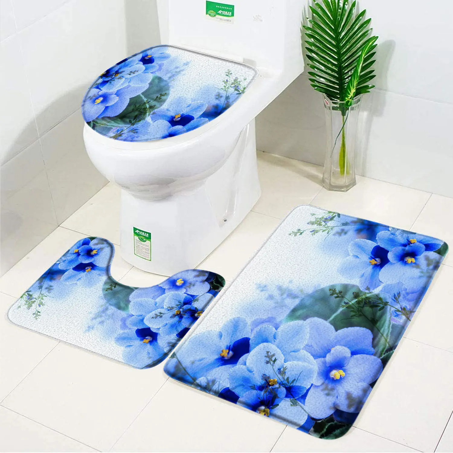 Floral Bath Mat Set Red Fresh Flower Field Garden Plant Living Room Bedroom Non-Slip Doormat Toilet Cover Carpet Bathroom Decor