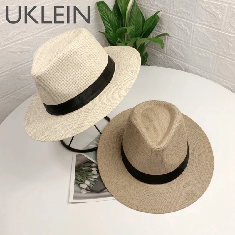 Summer Sunscreen Handwoven Straw Sun Hat Beach Vacation Panama Jazz Hat Men Women Hawaii Casual Sunshade Gangster Cap Bucket Hat