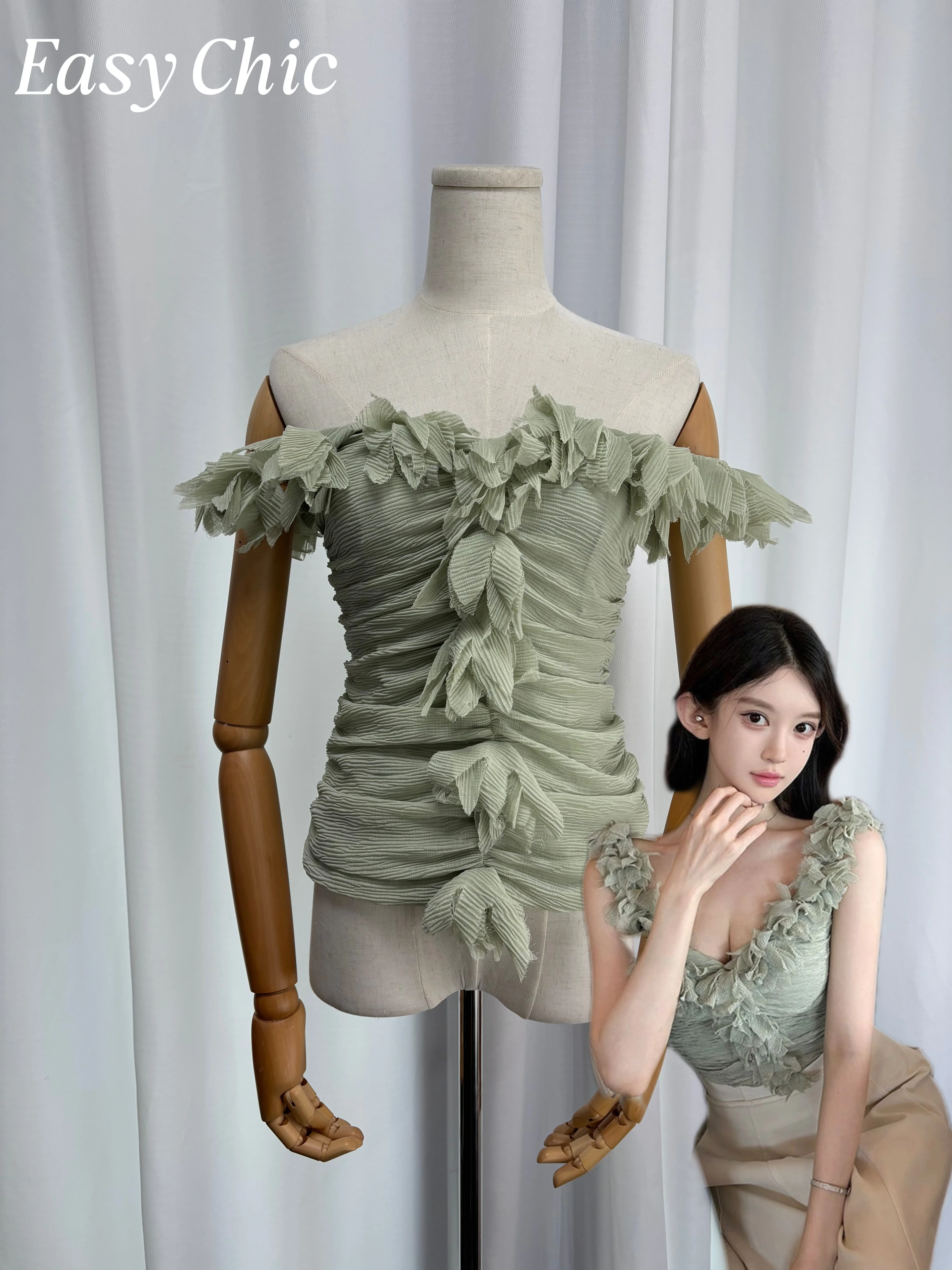 

Vintage-Inspired Pleated Flower Camisole Top | Women's Court - Style Dreamy Elegant Fitted Sleeveless Blouse for Romantic Occasi