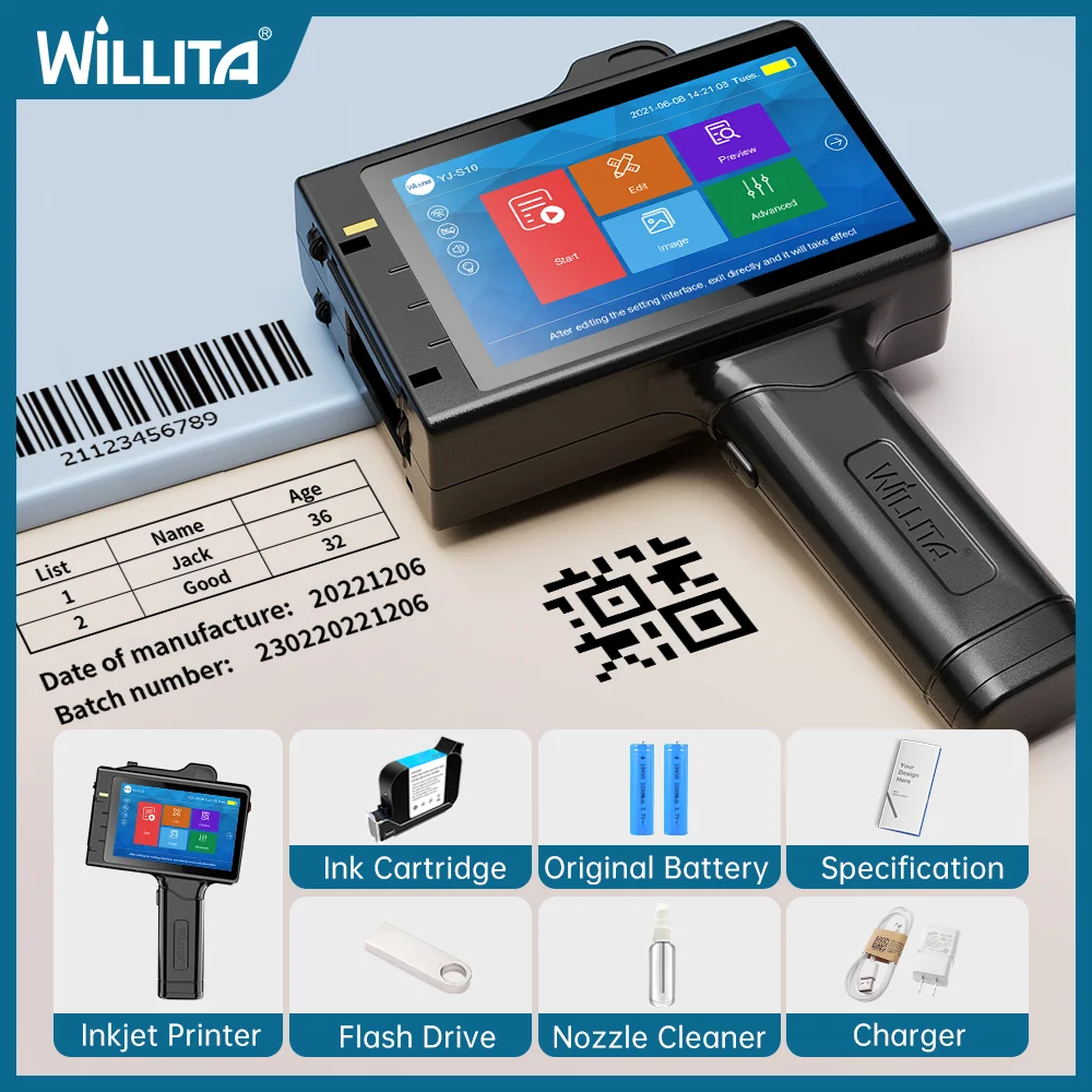 Impressora jato de tinta portátil willita, 25.4mm, para logotipo, data de validade, código de barras, etiqueta, número de lote, impressora tij,