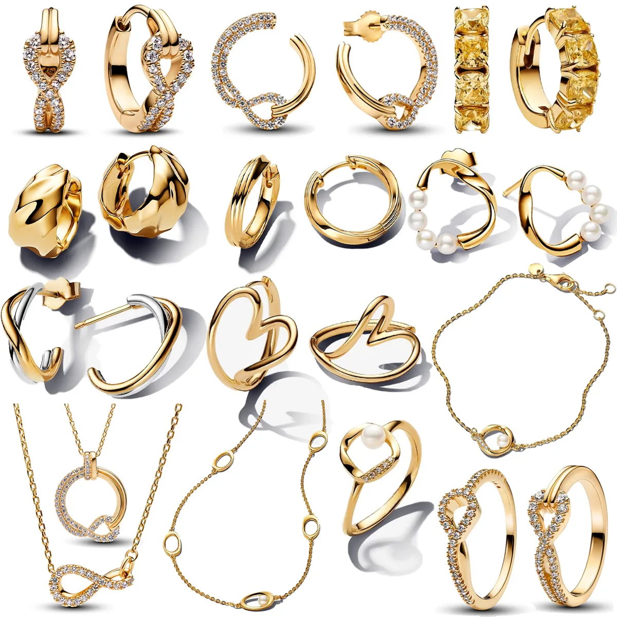 Sparkling 925 Sterling Silver Golden Charms Geometry Set Pearl Earrings Rings Heart Bracelets Necklaces Womens DIY Jewelry Gifts