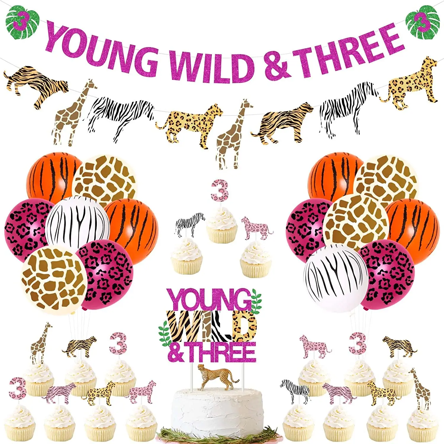 

Young Wild and Three Girl Jungle Theme 3rd Birthday Decorations Young Wild and Three Banner Animals Cake Topper Cheetah Balloons