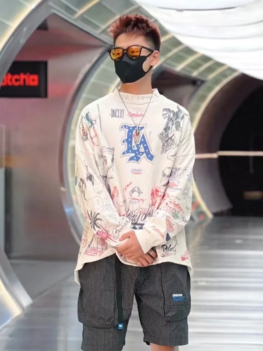 Retro American Graffiti Diamond Dyeing Heavyweight Loose Long Sleeve T-Shirt Unisex Cotton round Neck Casual Style for Autumn
