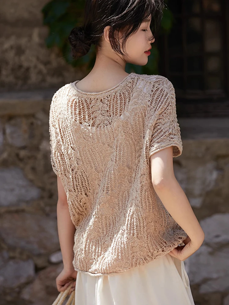 

Вязаный топ из ледяного шелка ort Sve round Ne Hollow Design, универсальный повседневный свободный топ для женщин, дышащий, удобный, летний...