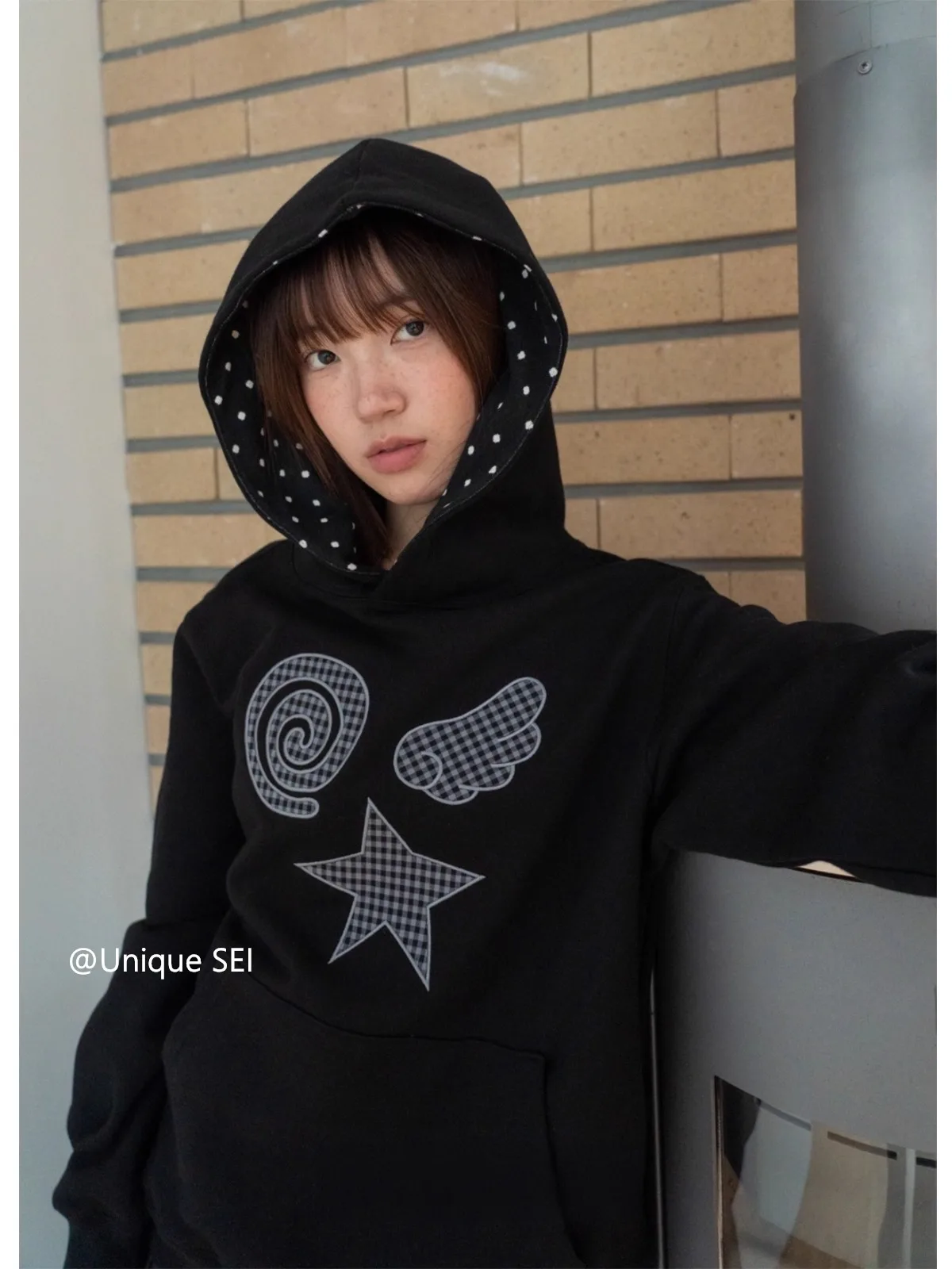 Korean Autumn Polka Dot Color Blocking Hooded Sweatshirt Loose All Match Long Sleeve Casual Hooded Pullover Women Y2k Top