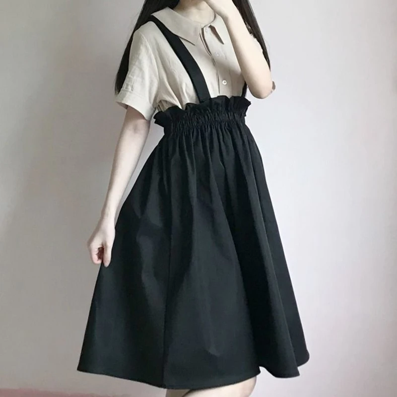 

Women Skirt Casual High Waist Korean Sweet A-Line Solid Ruffle Skirts Fashion Harajuku Female Simplicity Strap Preppy Long Skirt