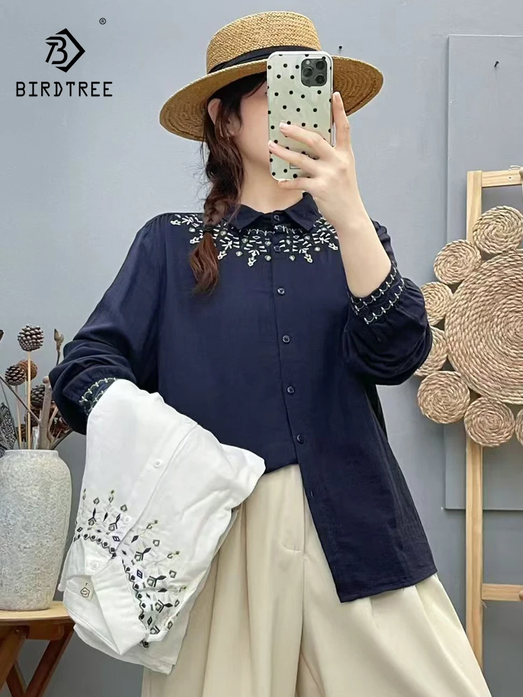 

Новинка 2025, осенняя рубашка с длинными рукавами из хлопковой пряжи, женская рубашка с отложным воротником и вышивкой, французская милая свободная блузка Mori Girl T58016CC