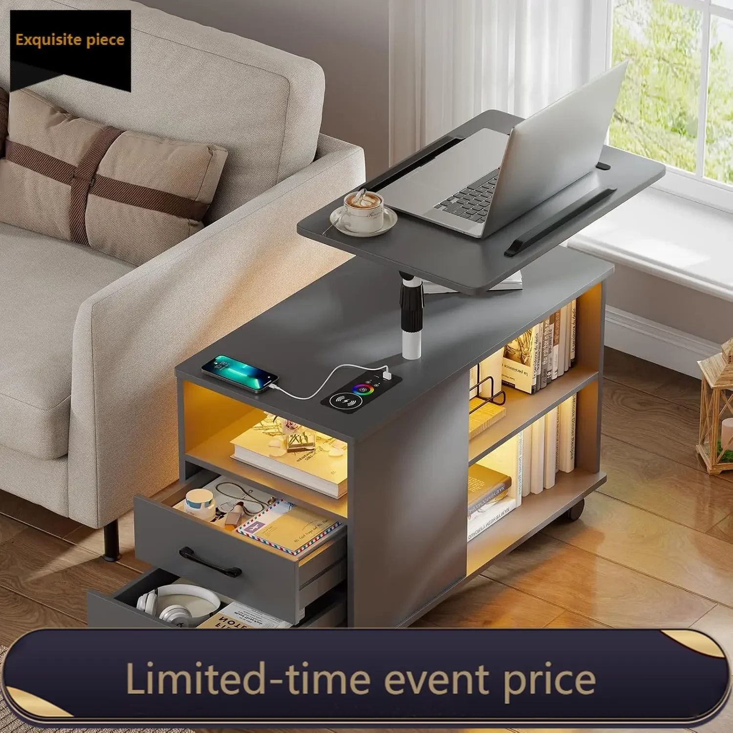

Grey Nightstand Bedside Table Storage Drawer Usb Charging Station Rotatable Bracket Modern Design