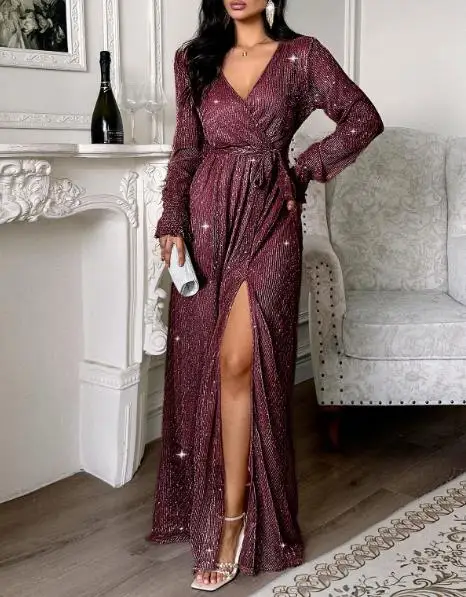 موضة جديدة مثيرة أنيقة عطلة بأكمام طويلة الخصر تعادل تنورة طويلة فستان للنساء خريف 2025