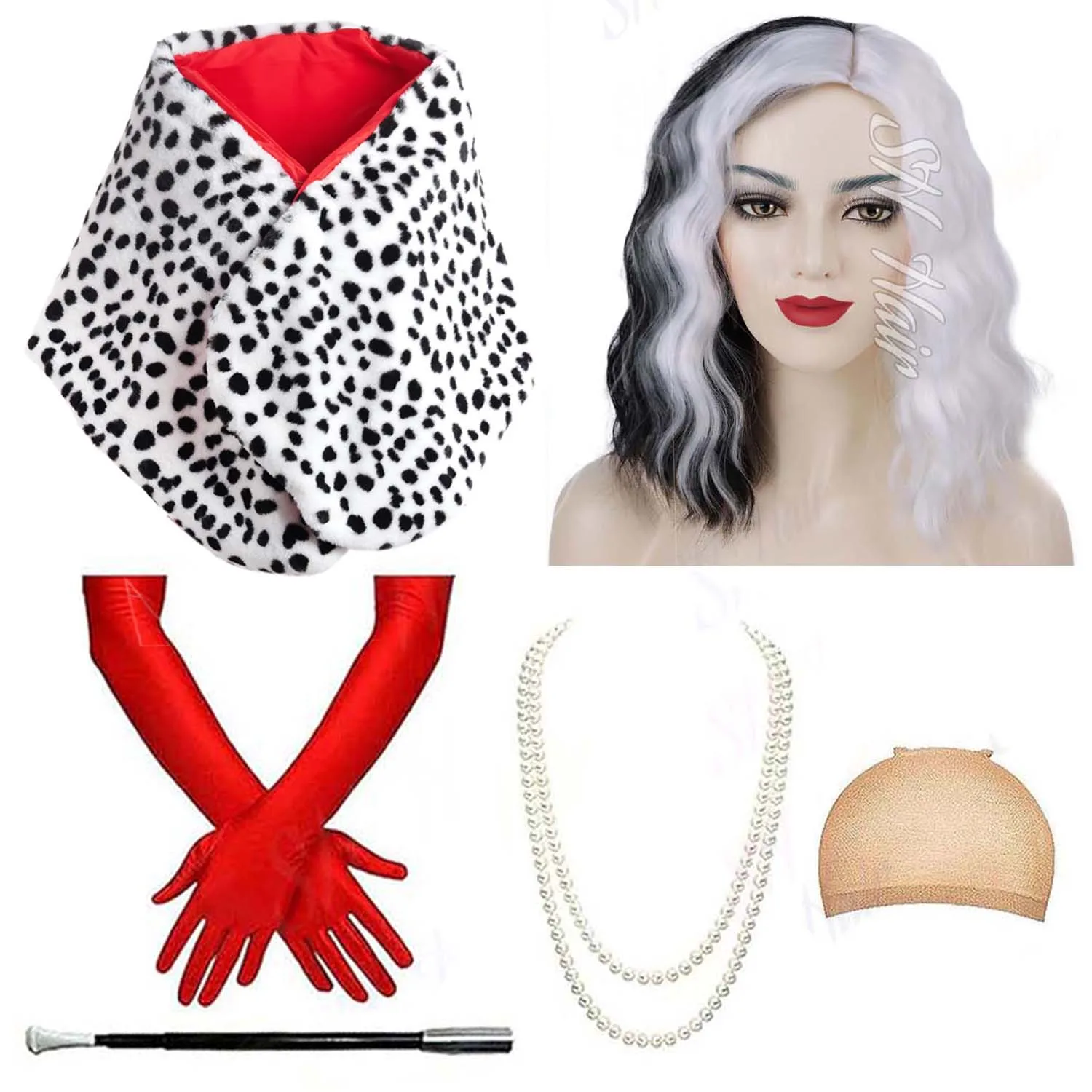 

Синтетический черно-белый парик с далматинским шалью, перчатками и ожерельем, короткий вьющийся парик для косплея на Хэллоуин, парик Крирелла Дьяльэй