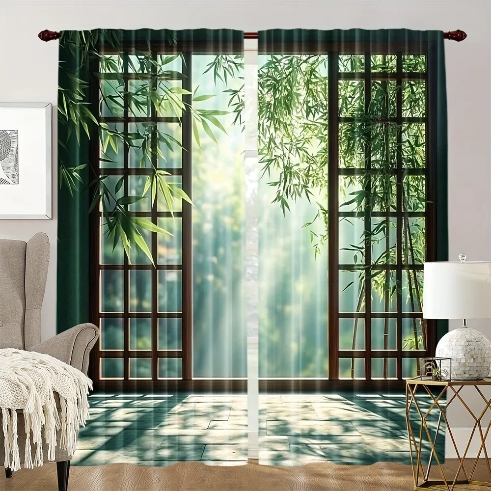 2PCS Digital Printed Curtains, Bamboo Forest Broken Window View Nature, Window Curtains for Living Room Bedroom Home Decoration