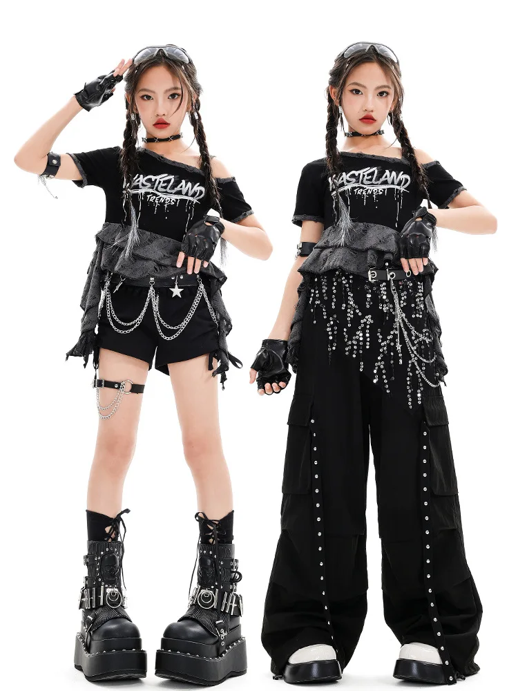 Girls Street Dance Clothes Slope-shoulder Top Baggy Pant Fashion Short Cheerleading Dance Performance Costume Group Hip Hop Suit