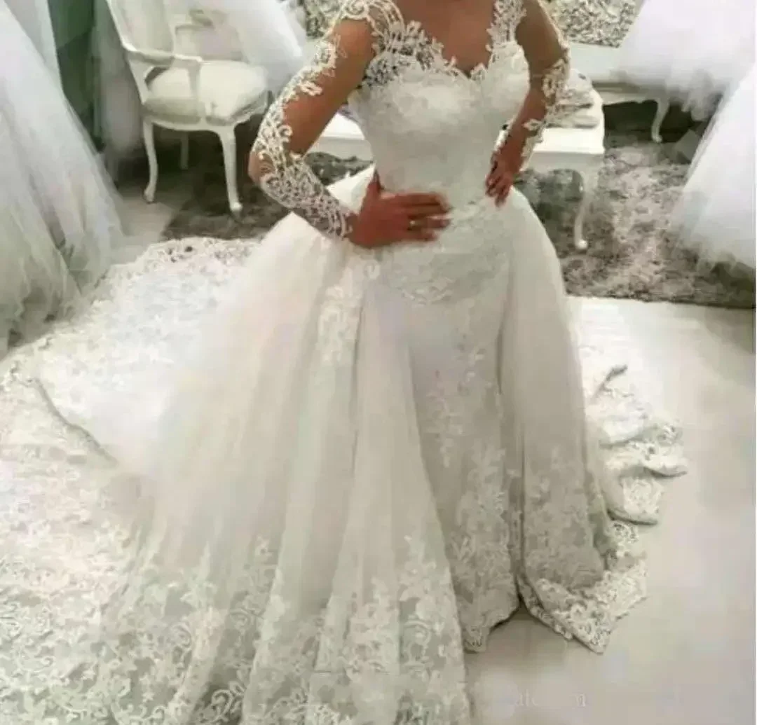 Vestido De novia personalizado, Vestido De novia De encaje De manga larga De tul, Vestido De novia De alta calidad
